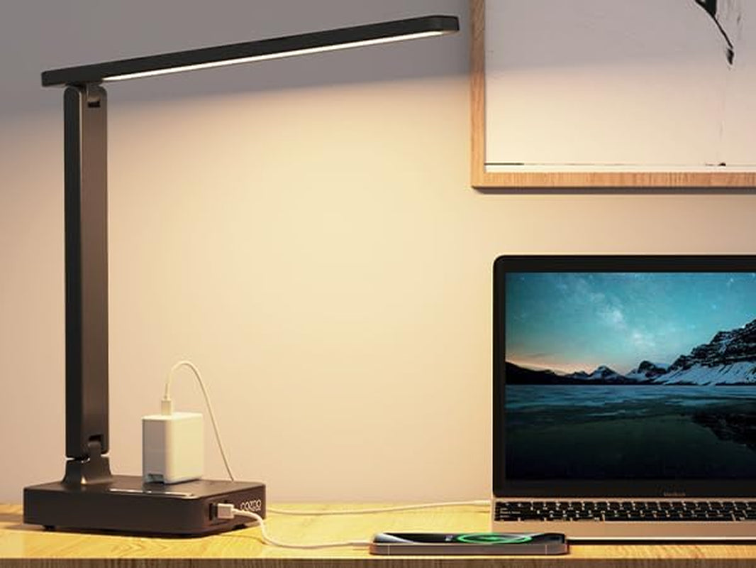 LED Desk Lamp with 3 USB Charging Ports,2 AC Outlet,3 Color Modes 3 Brightness Levels,Touch/Memory/Timer Function,Eye-Caring Home Office Foldable Natural Light Task Lamp for Reading,Study,Crafts