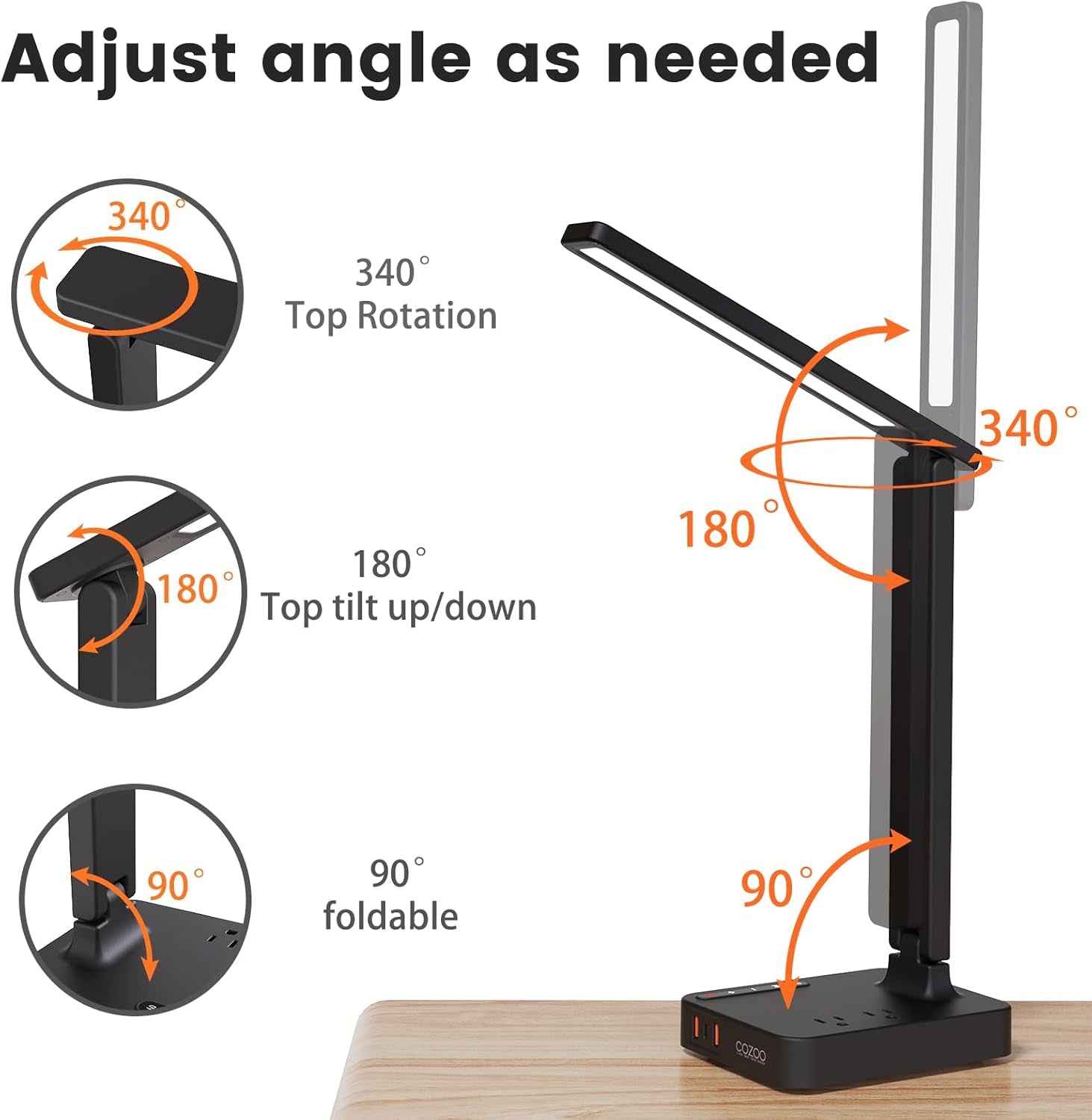 LED Desk Lamp with 3 USB Charging Ports,2 AC Outlet,3 Color Modes 3 Brightness Levels,Touch/Memory/Timer Function,Eye-Caring Home Office Foldable Natural Light Task Lamp for Reading,Study,Crafts