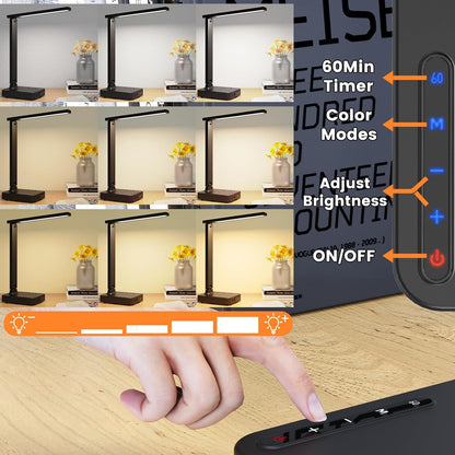 LED Desk Lamp with 3 USB Charging Ports,2 AC Outlet,3 Color Modes 3 Brightness Levels,Touch/Memory/Timer Function,Eye-Caring Home Office Foldable Natural Light Task Lamp for Reading,Study,Crafts